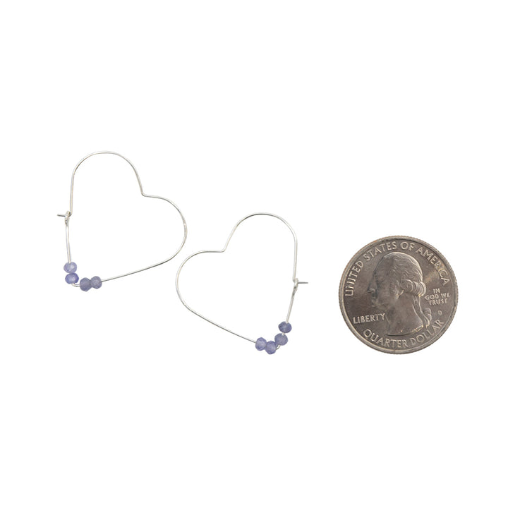 Earth Song Jewelry Handmade Sterling Silver Heart Hoops Earrings with natural Tanzanite stones sizing context
