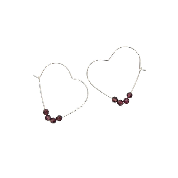 Earth Song Jewelry Handmade Sterling Silver Heart Hoops Earrings with natural red Garnet stones