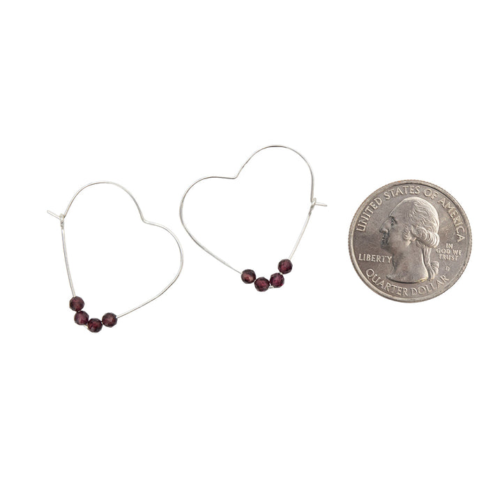 Earth Song Jewelry Handmade Sterling Silver Heart Hoops Earrings with natural red Garnet stones sizing context