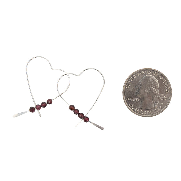 Earth Song Jewelry Handmade Sterling Silver Heart Earrings with Garnet stones sizing context