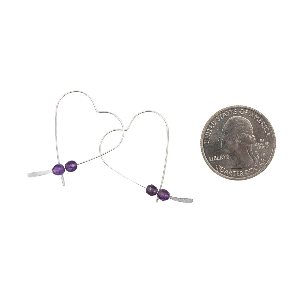 Earth Song Jewelry Handmade Sterling Silver Heart Earrings with faceted Amethyst stones sizing context