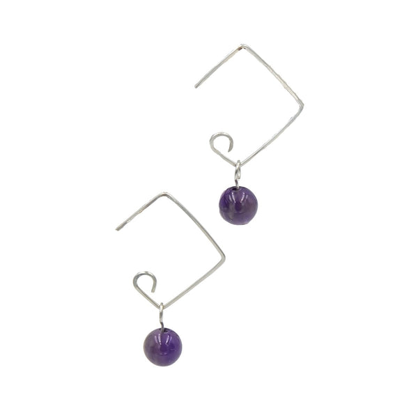 Earth Song Jewelry Sterling Silver Handmade Petite Hammered Amethyst Squares Hoop Earrings