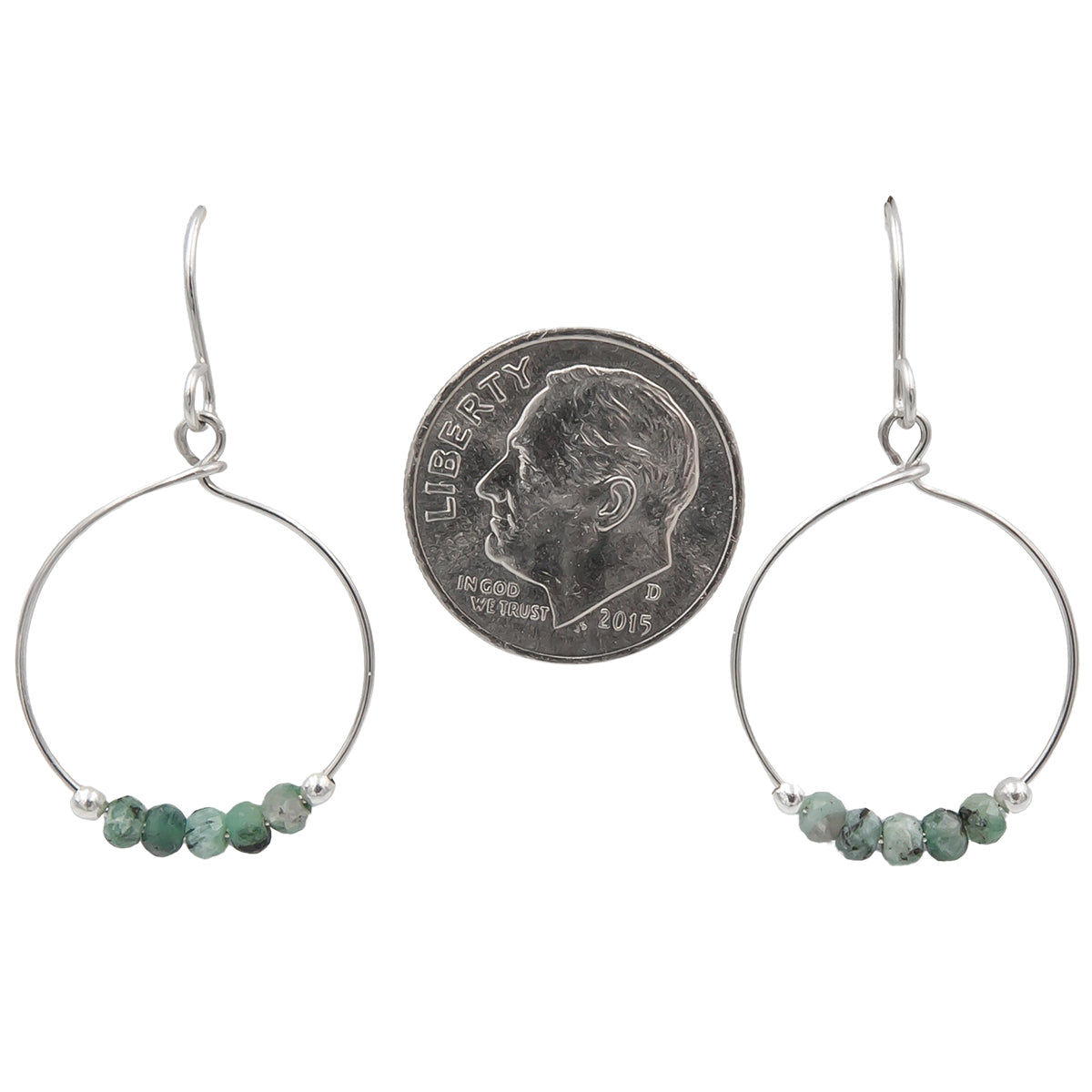 Earth Song Jewelry ~ faceted emeralds and sterling silver beads on hoop ~ handmade earrings sizing with coin