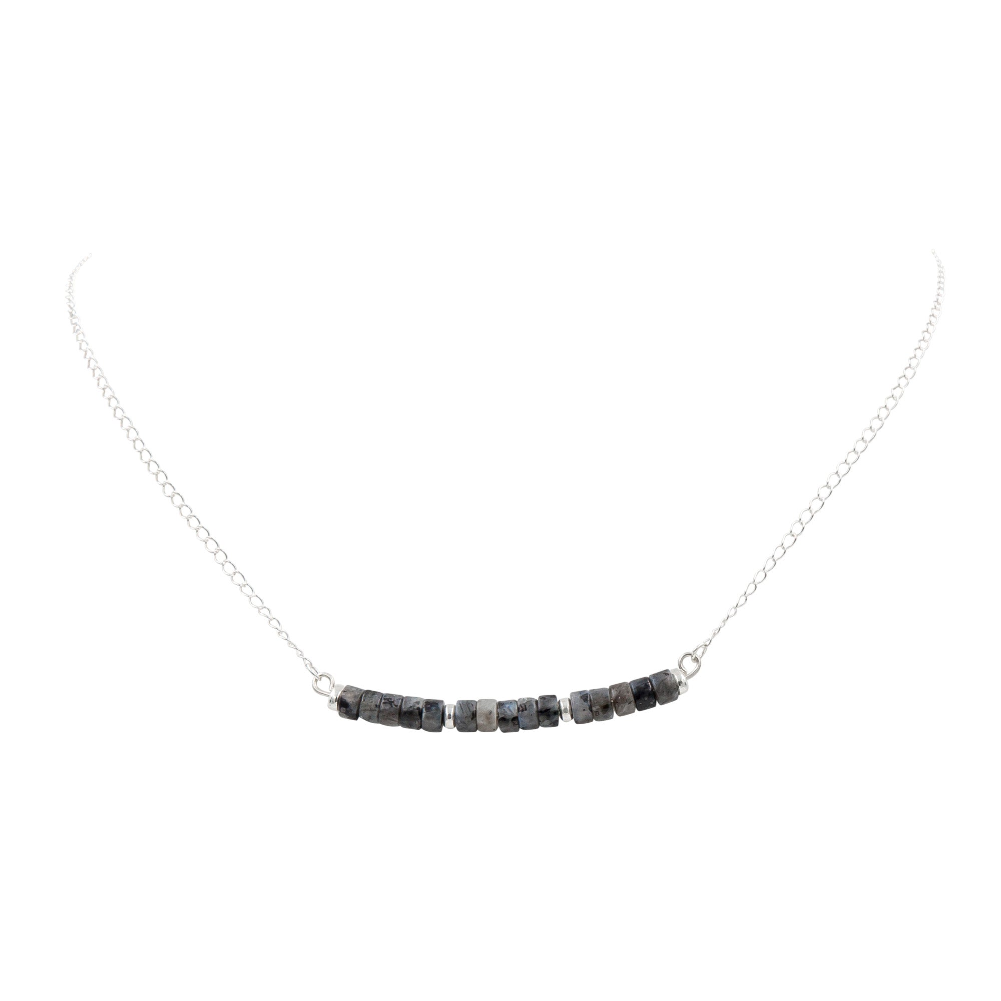 Earth Song Jewelry ~  Iridescent Larvikites (Black Moonstone) is strung on Sterling Silver - glowing softly around your neckline.