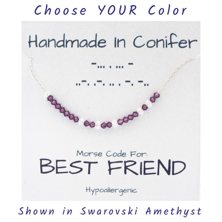 Handmade Custom Word or Date Morse Code Sterling Silver Necklace Personalized by Earth Song Jewelry showing BEST FRIEND in Swarovski Amethyst on product card