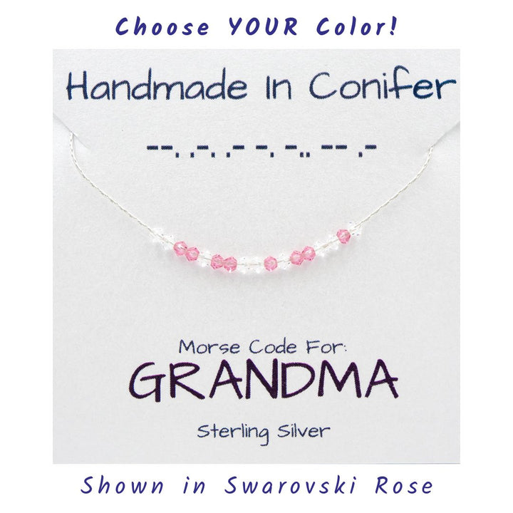 Handmade Custom GRANDMA Morse Code Sterling Silver Necklace Personalized by Earth Song Jewelry shown in Swarovksi Rose pink crystal on the product card 