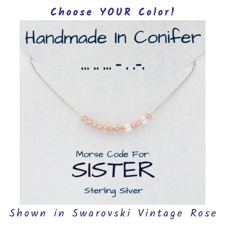 Handmade Custom SISTER Morse Code Sterling Silver Necklace Personalized by Earth Song Jewelry shown in Swarovksi Vintage Rose crystal on the product card 