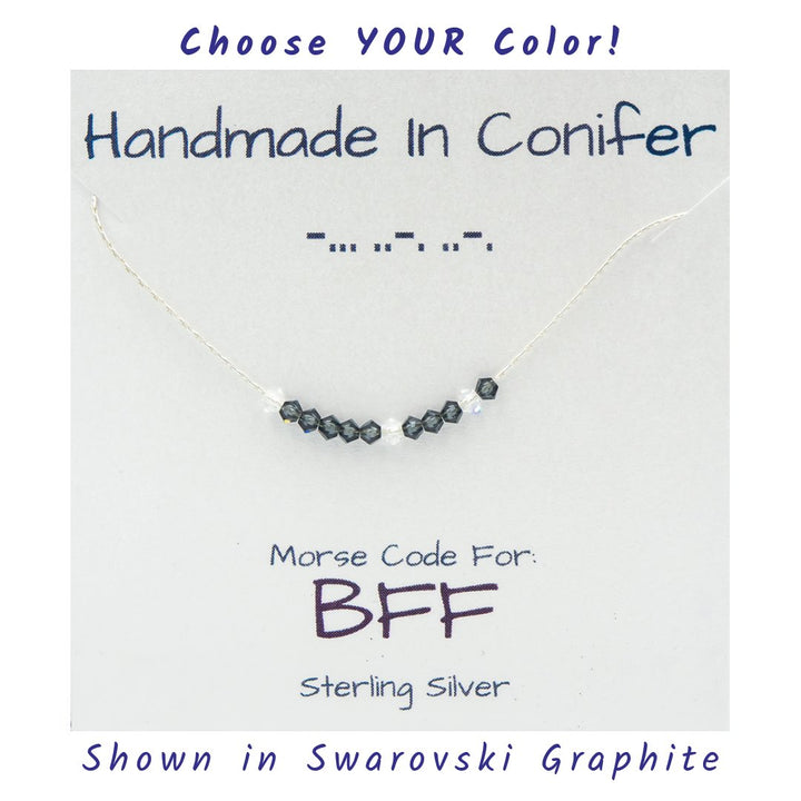 Handmade Custom BFF Best Friends Forever Morse Code Sterling Silver Necklace Personalized by Earth Song Jewelry shown in Swarovksi Graphite crystal on the product card 