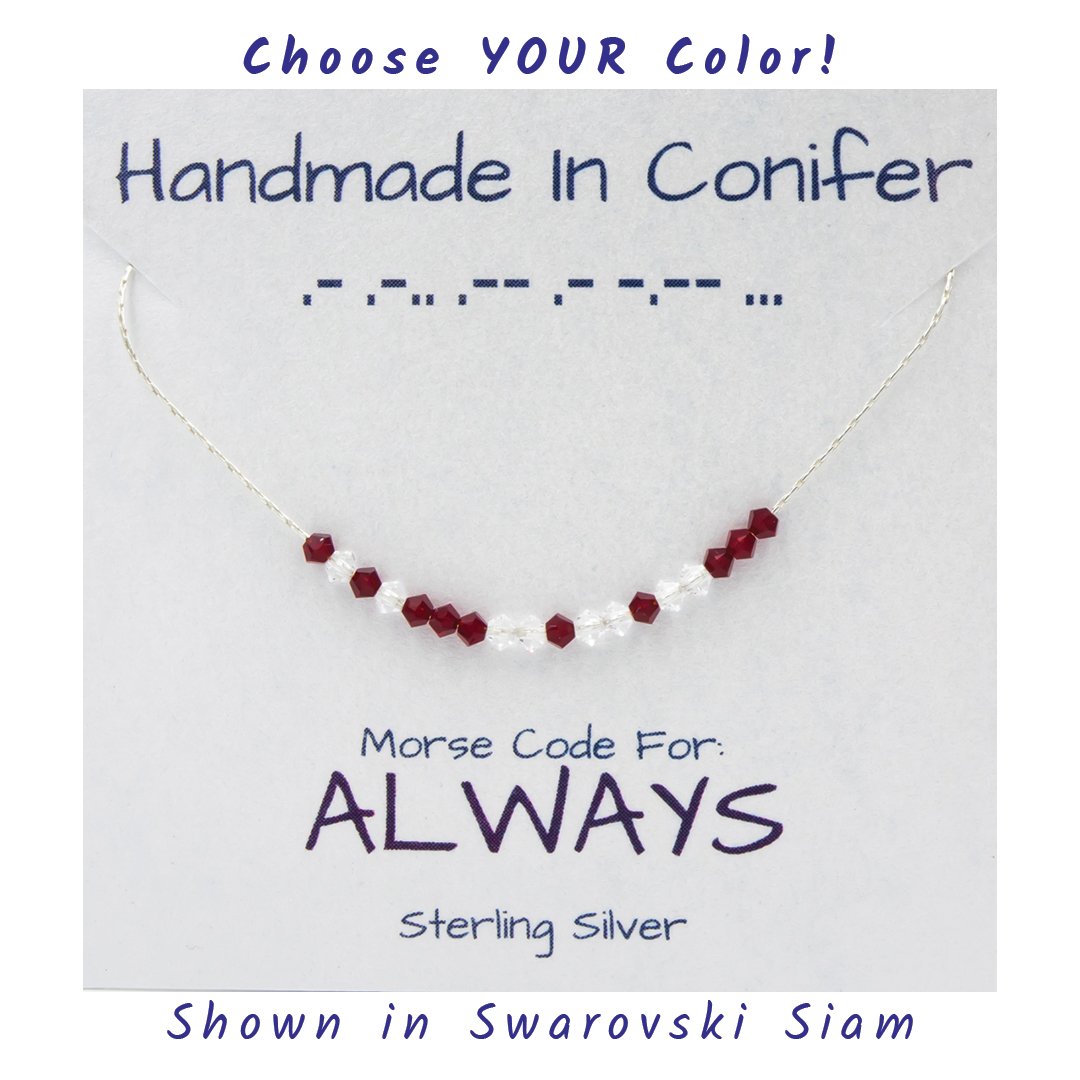 Handmade Custom ALWAYS Morse Code Sterling Silver Necklace Personalized by Earth Song Jewelry shown in Swarovksi Red Siam crystal on the product card