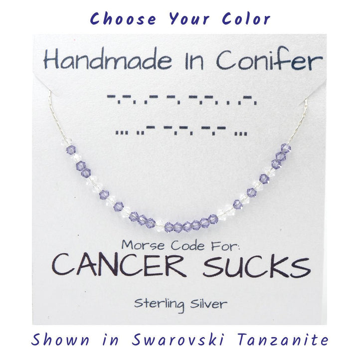 Handmade Custom Cancer Sucks Morse Code Sterling Silver Necklace Personalized by Earth Song Jewelry shown in Swarovksi Tanzanite crystal