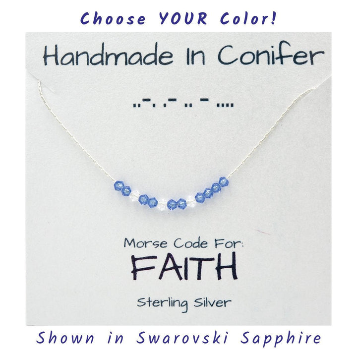 Earth Song Jewelry ~ Handmade Custom FAITH Morse Code Sterling Silver Necklace Personalized by Earth Song Jewelry shown in Swarovksi Sapphire crystal on the product card 