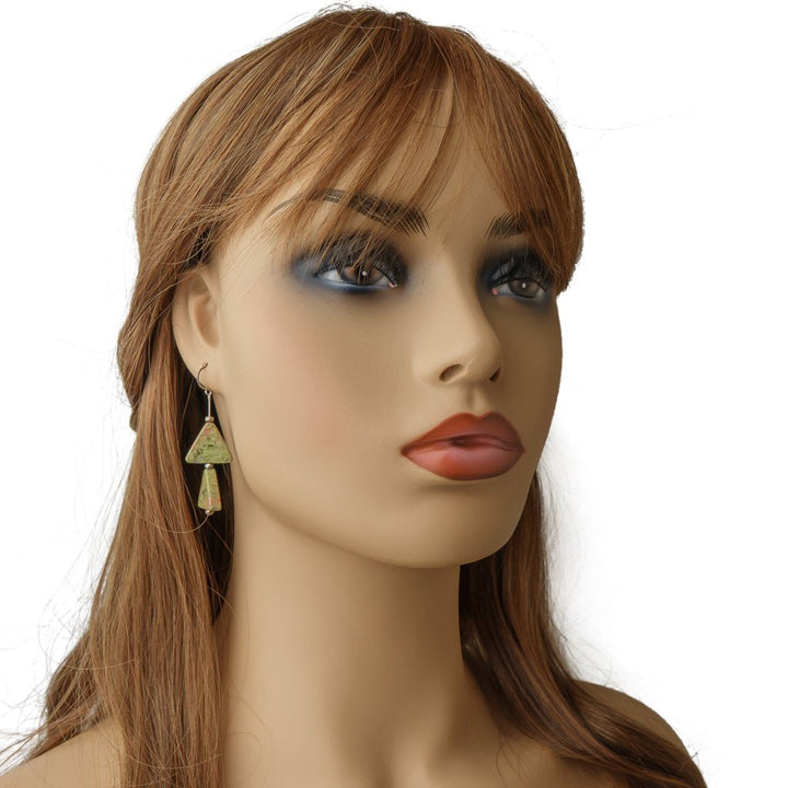 Earth Song Jewelry ~ Unakite Triangles Sterling Silver Earrings - Handmade Jewelry on Model