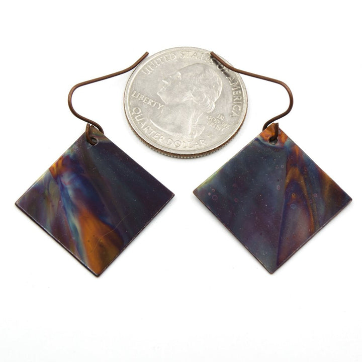 Earth Song Jewelry ~ Handmade Torch Flamed Copper Square Earrings - sizing with coin